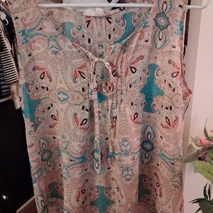 Sleeveless Paisley Tie-Front Blouse - Turquoise & Coral